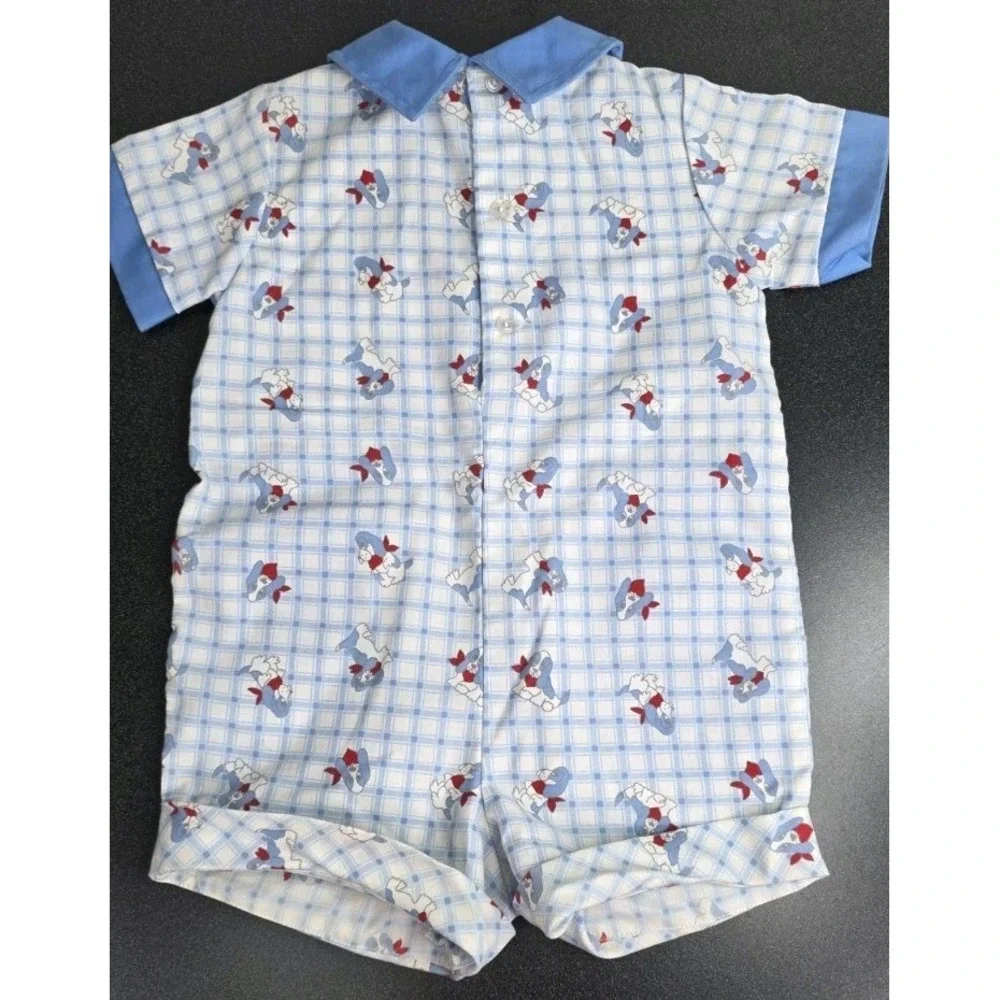 Vintage Nannette 24 Month Baby Boy Blue Suit Embroidered Dog Romper‎ Snaps